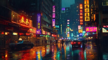 Exploring a City Street at Night During Rainfall with Neon Lights