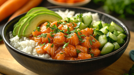 A salmon poke bowl with avocado, rice, cucumber and carrots in a black bowl on a wooden surface