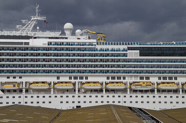 Modern cruiseship cruise ship liner Favolosa docked in Marseille Provence, France with coast line,...