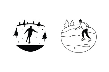 Ice Skating Winter Sports Outdoor Fun, Snowy Landscape, Circular Designs