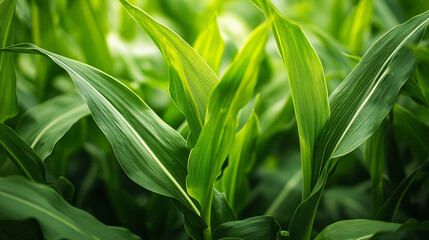 Obraz premium Green cornfield with vibrant leaves in bright sunlight