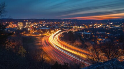 Captivating long exposure shot showcasing vibrant city lights and smooth traffic trails