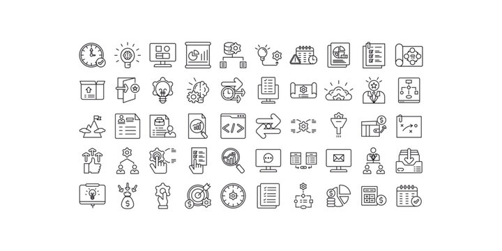 50 collection linear task  manager icon pack. thin line vector time management, creative thinking, dashboard, report, manager, etc. editable icon pack, eps file.