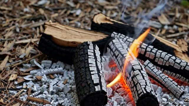 Slow burning campfire with glowing embers and rising smoke in forest setting