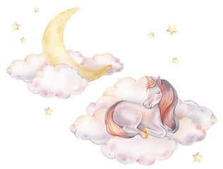 Watercolor hand drawn illustration of the Unicorn sitting on clouds with stars and moon. Cute horse for Baby shower invitations or nursery wall art. Pastel Fantasy pony for kids greeting cards.