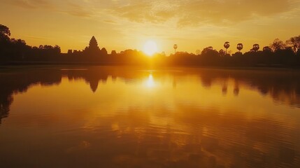 Naklejka premium Sunrise over Angkor Wat temple complex, Cambodia, golden reflection on the water, sacred atmosphere