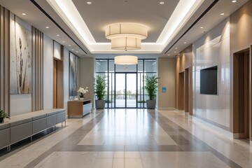 Fototapeta premium Modern Medical Clinic Lobby with Bright Corridor and Elegant Entrance Design