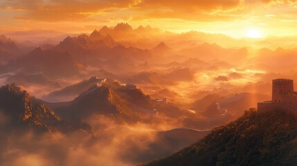Obraz premium Sunrise over the Great Wall of China, mist-covered mountains, golden rays spilling across the horizon