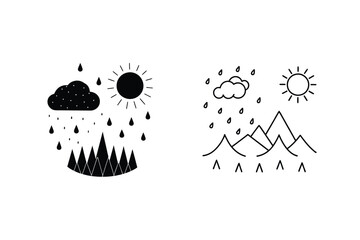 Weather Icons Sun, Rain, Clouds, Mountains, Simple, Minimalist, Black, White, Nature, Design