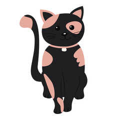 Black cat is sitting on white background. Little kitten in flat children style. Simple pet. Minimalist illustration.
