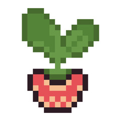 Pixel Art pot with plant and leaves. Green botany element in 8 bit retro game style isolated on white background
