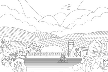 Fototapeta premium Minimalist black and white line art of a rural landscape with hills, a barn, a tractor, trees, and fields. Farm, agriculture, countryside, and nature-themed designs