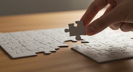 Close-up of a Hand Placing the Final Piece of a Jigsaw Puzzle on a Wooden Table, Symbolizing Problem Solving and Completion