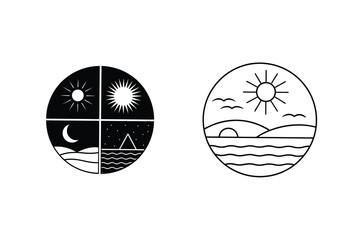 Minimalist Sun Moon Sea Landscape Line Art Circle Designs