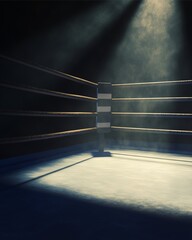 Obraz premium Echoes of the Arena: An evocative shot of an empty boxing ring, its ropes gleaming under dramatic lighting, and mist in the air creating atmosphere.