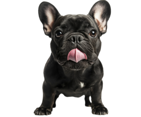Black French Bulldog puppy looks directly camera licking its lips, playful anticipation expression. Adorable playful frenchie face close up isolated white background, cute and slightly mischievous