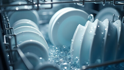 Industrial kitchen equipment cleans metal dishes in a dishwasher powered by a motor