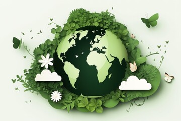Eco-Centric 3D Earth Design with Butterflies and Floral Motifs. Paper Cutout Style on Flat Green Background, High-Quality Render for Environmental Awareness and Global Harmony.