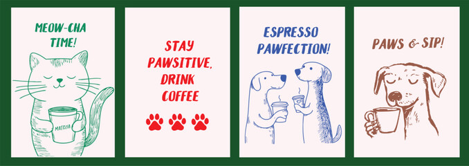 Set of Simple line doodle art illustration of dog and cat with coffee quotes and sayings. Simple and minimalist Funny pet drawing for posters, postcard, banner, social media, ads, t-shirt design. 