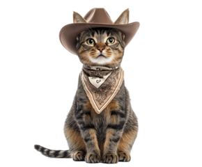 Tabby cat sits wearing funny cowboy costume hat bandana isolated white background. Cute pet dressed western style costume for humorous photo shoot concept. Adorable feline character costume play.