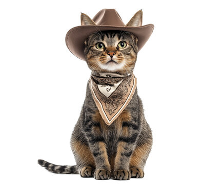 Tabby cat sits wearing funny cowboy costume hat bandana isolated white background. Cute pet dressed western style costume for humorous photo shoot concept. Adorable feline character costume play.