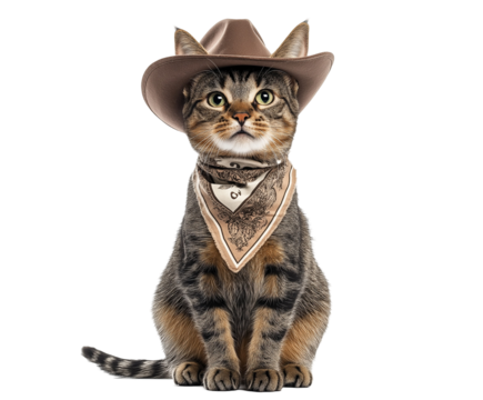 Tabby cat sits wearing funny cowboy costume hat bandana isolated white background. Cute pet dressed western style costume for humorous photo shoot concept. Adorable feline character costume play.