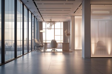 Obraz premium Stylish Contemporary Office Interior with Soft-Focus Backdrop Floor-to-Ceiling Windows and Elegant Lighting