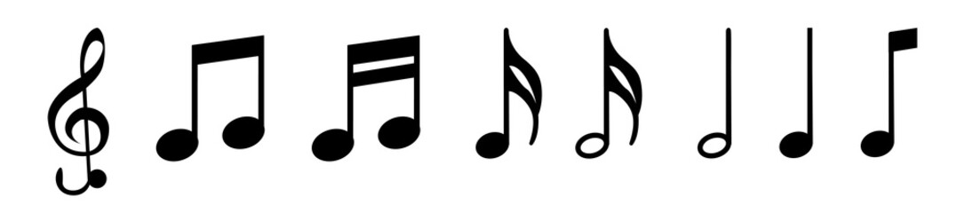 Fototapeta na wymiar Music notes icon set. Music notes symbol. Musical key signs. Eighth note symbol for apps and websites, vector illustration
