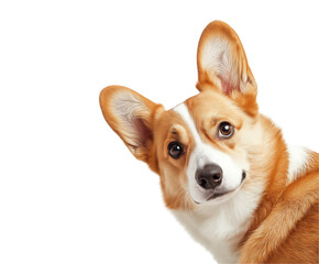 Obraz premium Cute Corgi dog peeks playfully around corner, head tilted with curious expression. Adorable curious Pembroke Welsh Corgi isolated white background, engaging eyes invite interaction. Curious canine fri