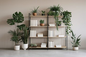 Stylish Minimalist Bookshelf Decor with Plants and Paper on Neutral Background