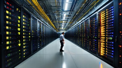 Modern data center hallway featuring a server technician assessing infrastructure