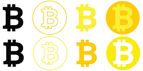 Bitcoin icon vector set in outline and fill both style isolated on white background.