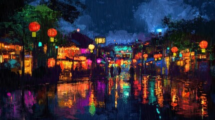 Obraz premium Rainy Night in Town with Lanterns Art Illustration Reflecting on Street