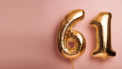 Banner with 61 number golden balloons with pastel background, copy space. Generated image