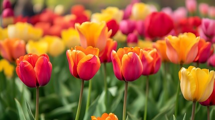 Colorful Tulip Flower Field in Springtime Sunlight Floral Background