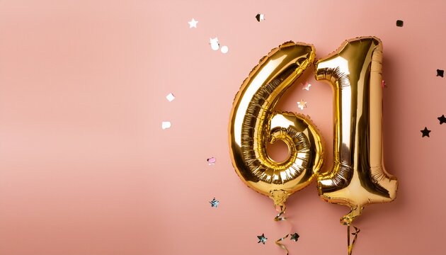 Banner with 61 number golden balloons with pastel background, copy space. Generated image