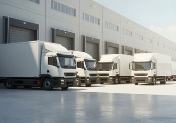 Fototapeta premium Row of Delivery Trucks Parked at Loading Dock Ready for Shipment