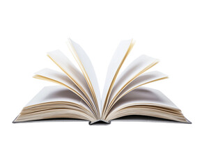 Fototapeta premium Open book lies flat on white isolated background, pages fanned invitingly. Symbolizes knowledge, learning, education. Classic hardcover book perfect for study concepts or literature themes