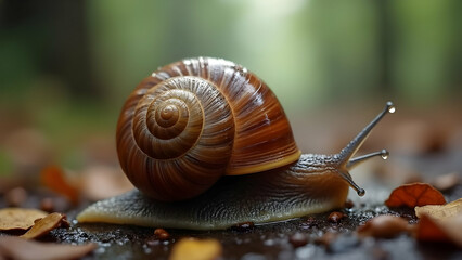 Isolated brown snail, a slow garden mollusk, shows its spiral shell
