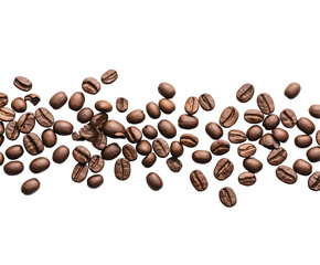 Obraz premium Roasted coffee beans scattered horizontally across clean white background, perfect design element for food blogs or cafe menus. Close up top view reveals rich texture of brown coffee beans, isolated 