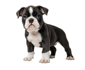 American bully puppy stands alert on white background, charming yet serious expression. Adorable black and white bully pup, perfect for pet care promotions or breed specific content. Young bully isola