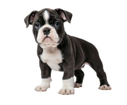 American bully puppy stands alert on white background, charming yet serious expression. Adorable black and white bully pup, perfect for pet care promotions or breed specific content. Young bully isola