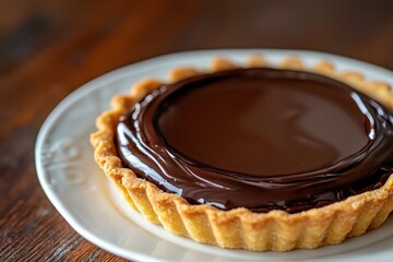 Chocolate ganache tart, glossy dark chocolate filling with a crispy tart shell.