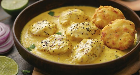 Indian curry dish, creamy sauce, fish balls, garnished, on wooden table, background with limes and onions