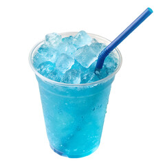 Refreshing blue slushy drink in a clear cup with a straw. white background © Alisha