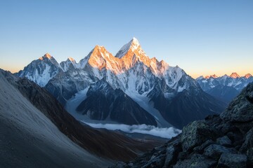 Obraz premium Majestic Peaks at Dawn Overlooking Serene Valley Landscape