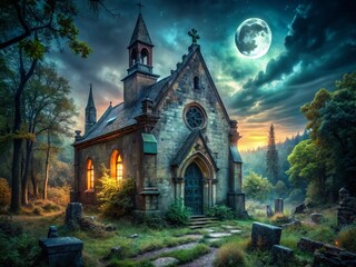 Eerie Night at Hrensko Chapel: Spooky Gothic Architecture Stock Photo