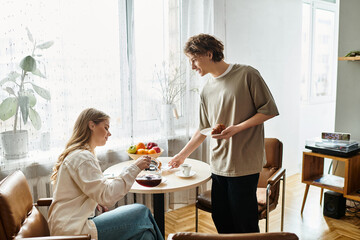 Loving couple enjoying a cozy breakfast together in a modern home space filled with warmth