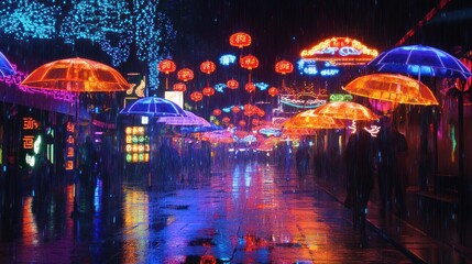 Obraz premium Walking Under Umbrellas in Rainy City Street with Neon Lights at Night