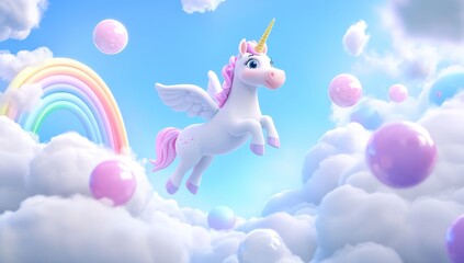 A repeated image of rainbow pastel unicorn candy watercolor on paper serves as an abstract background, paired with an abstract background of rainbow hues, complete with clouds and stars in the sky